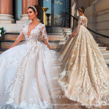 Vestido De Noiva Designer Luxury Full Pearls Wedding Dress Long Sleeves Lace Ball Gown Puffy 2017 Wedding Dress MW2181